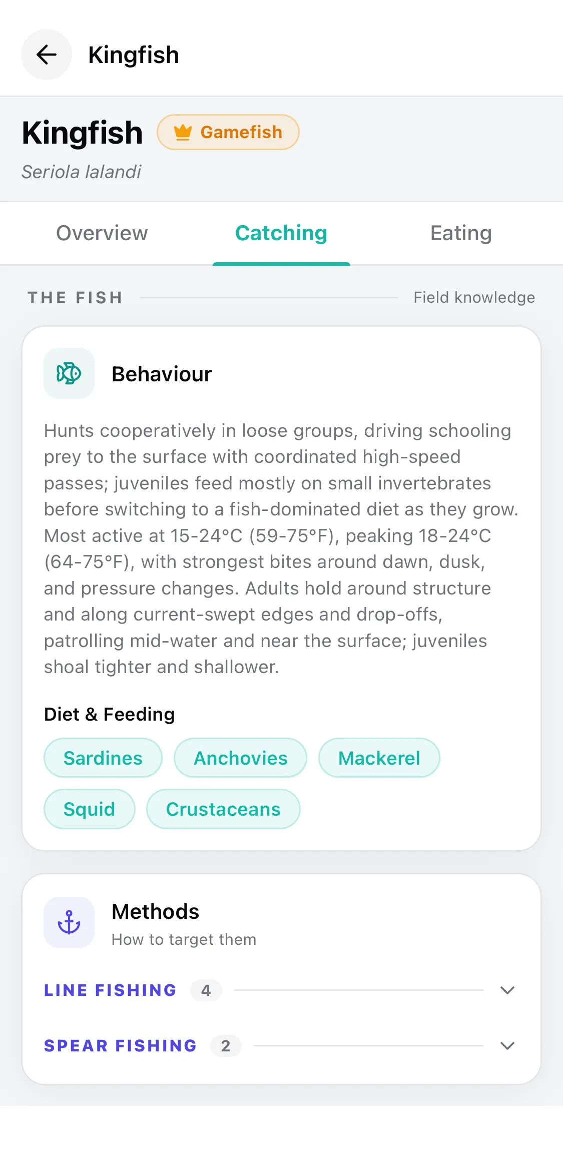 CatchKeeper app — Species • Habitat + behaviour