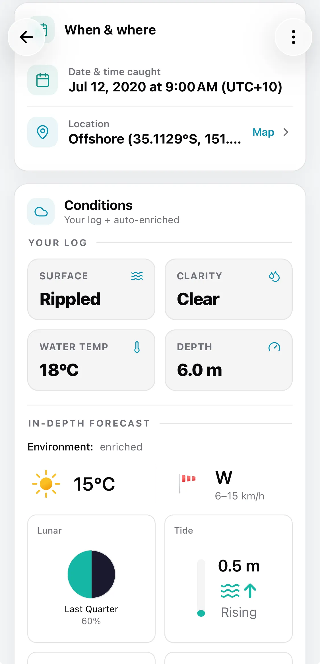 CatchKeeper app — Catch history • Conditions reconstructed