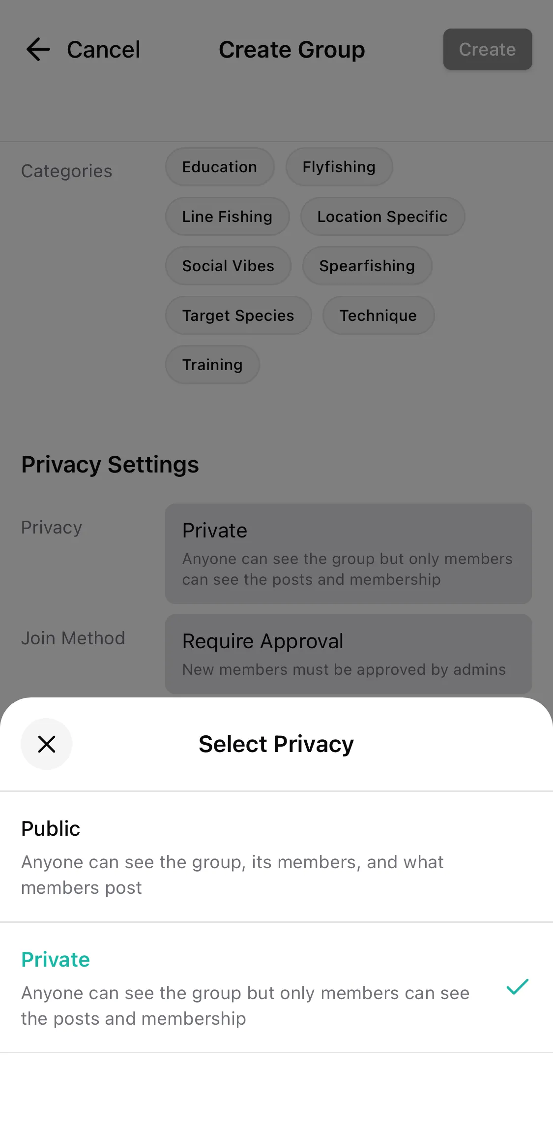 CatchKeeper app — Group privacy • Public · Private · Secret