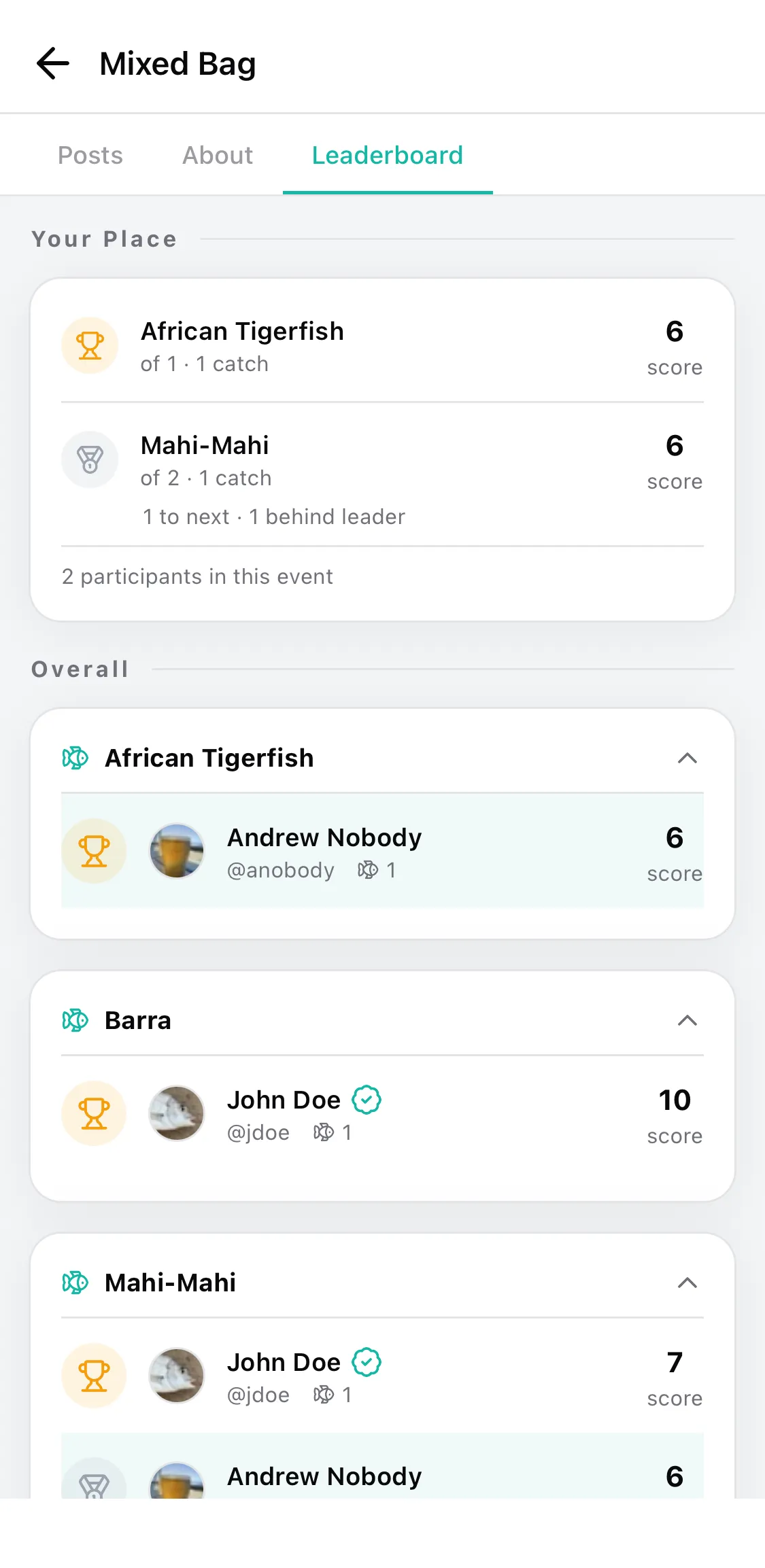 CatchKeeper app — Leaderboard • Live