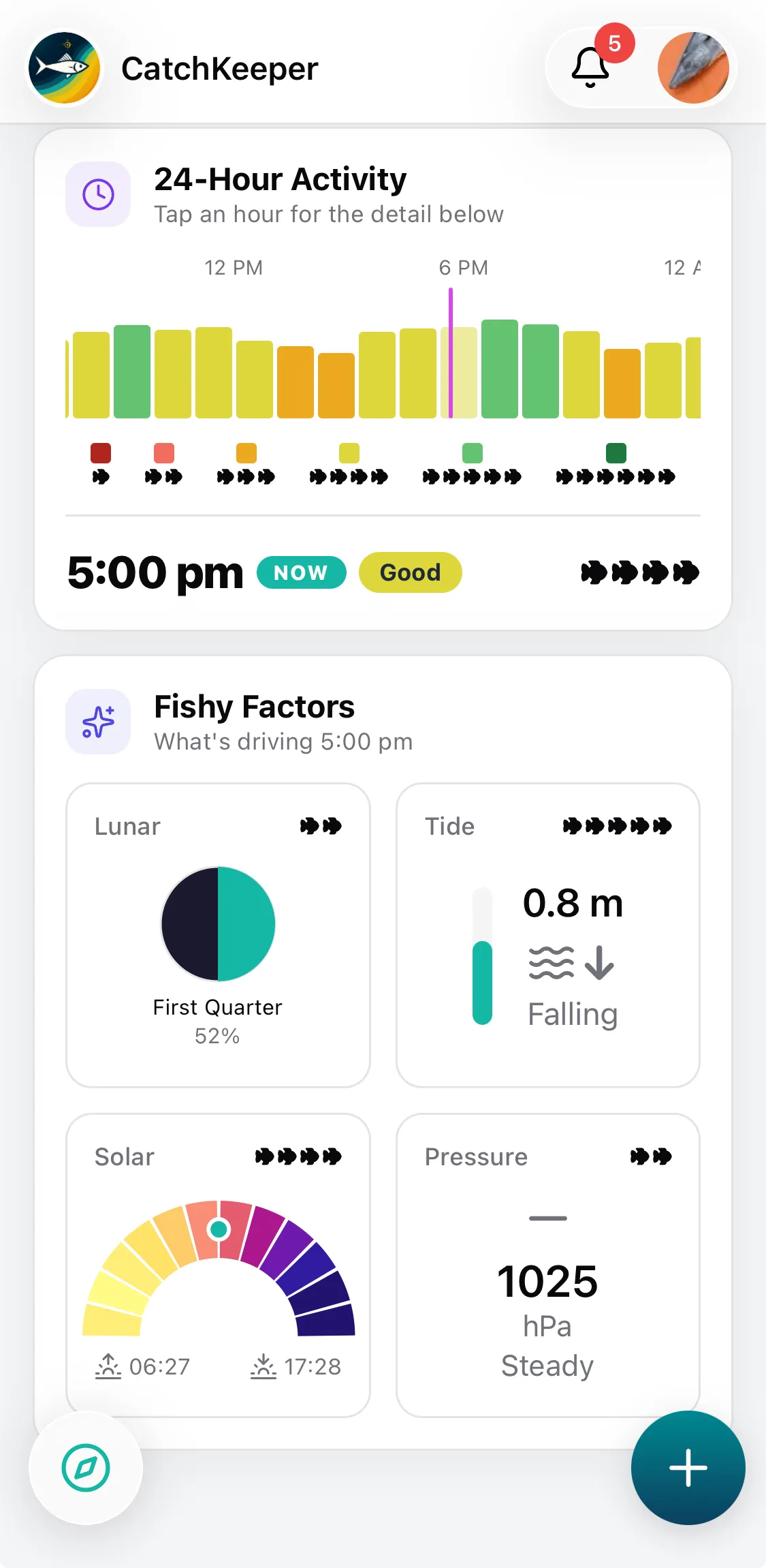 CatchKeeper app — Condition tiles • Moon · Tide · Light · Pressure