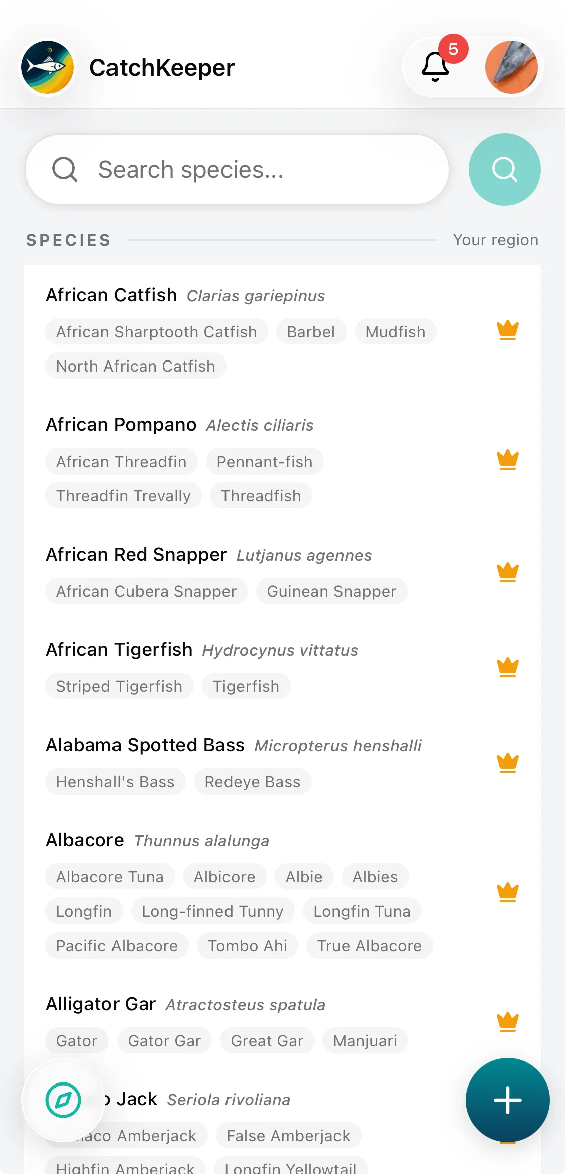 CatchKeeper app — Species • Regional coverage
