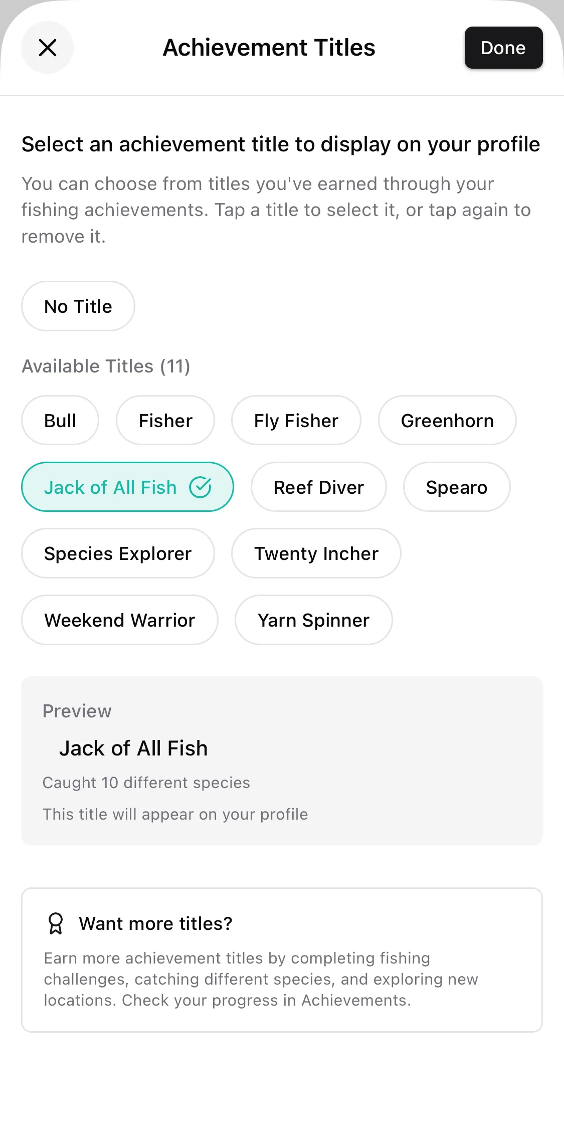 CatchKeeper app — Title picker • Earned titles