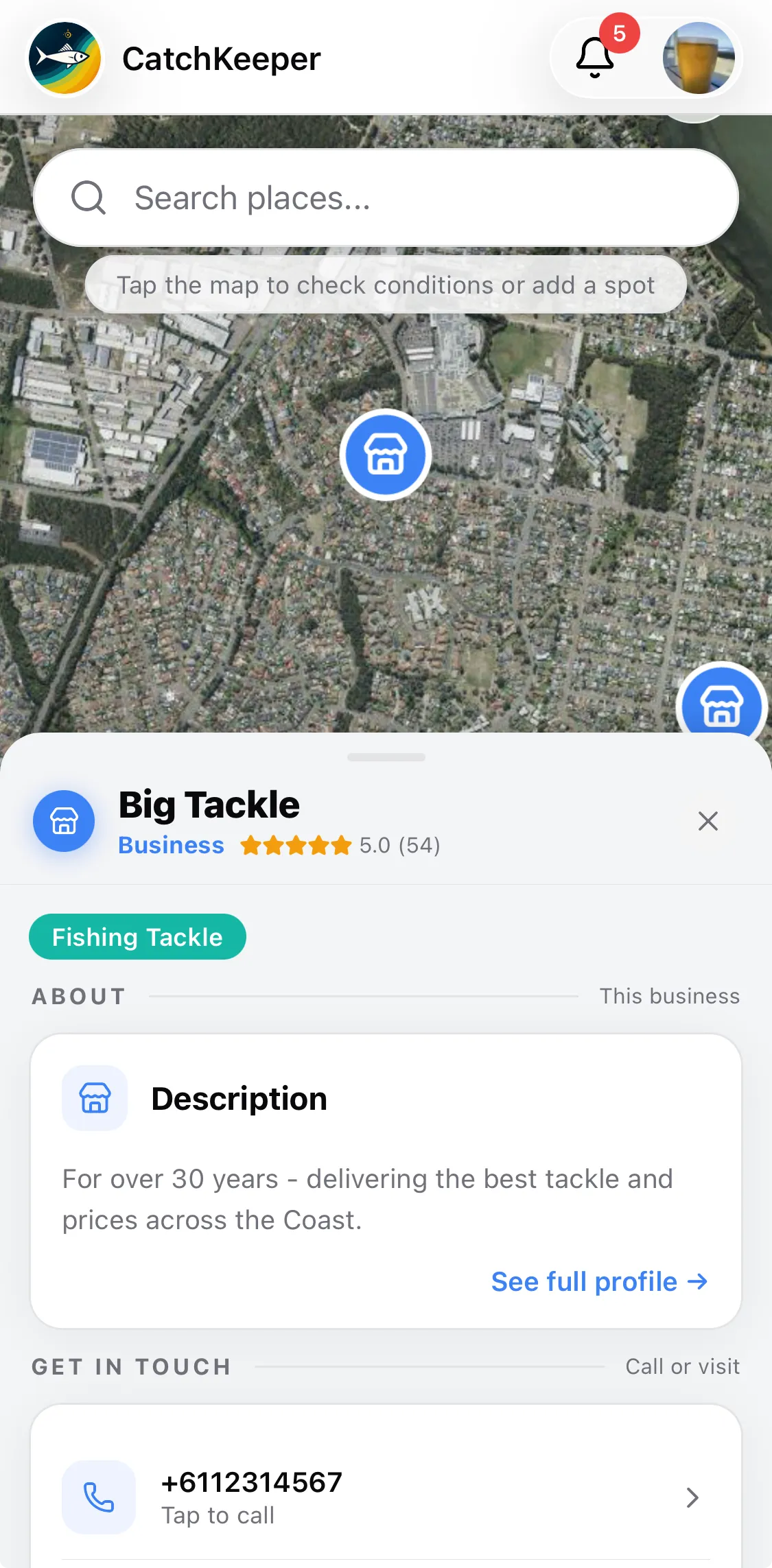 CatchKeeper app — Map • Business pins