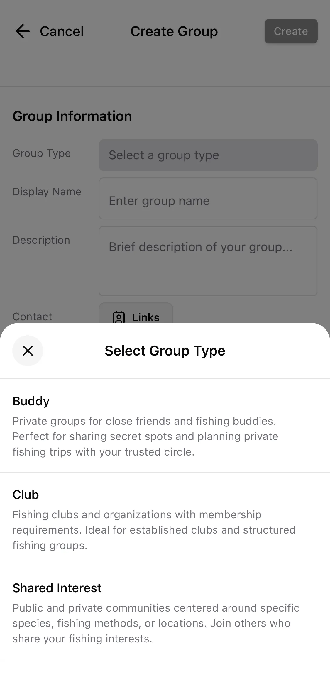 CatchKeeper app — Groups • Club · Interest · Buddies