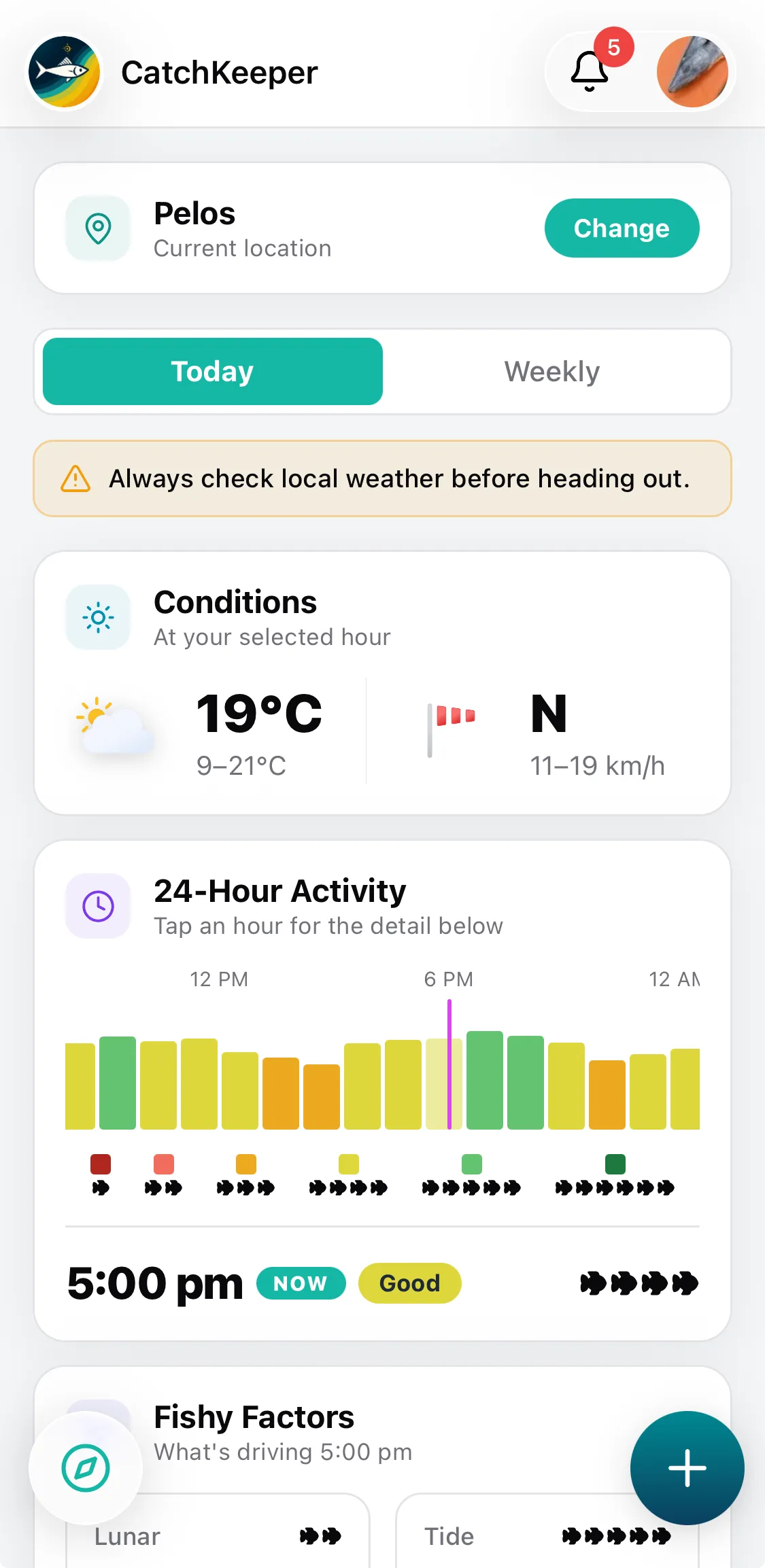 CatchKeeper app — 24-hour view • Hourly activity